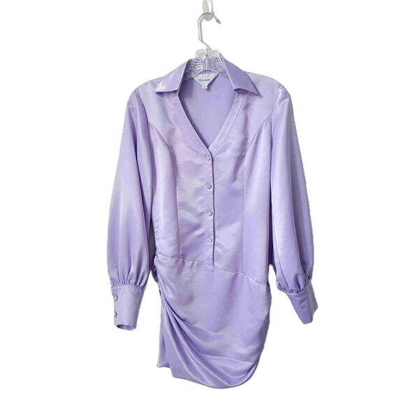 LEDAíR Lilac Long Sleeve V Neck Button Front Draped Hem Dress Blouse Medium - Picture 3 of 12
